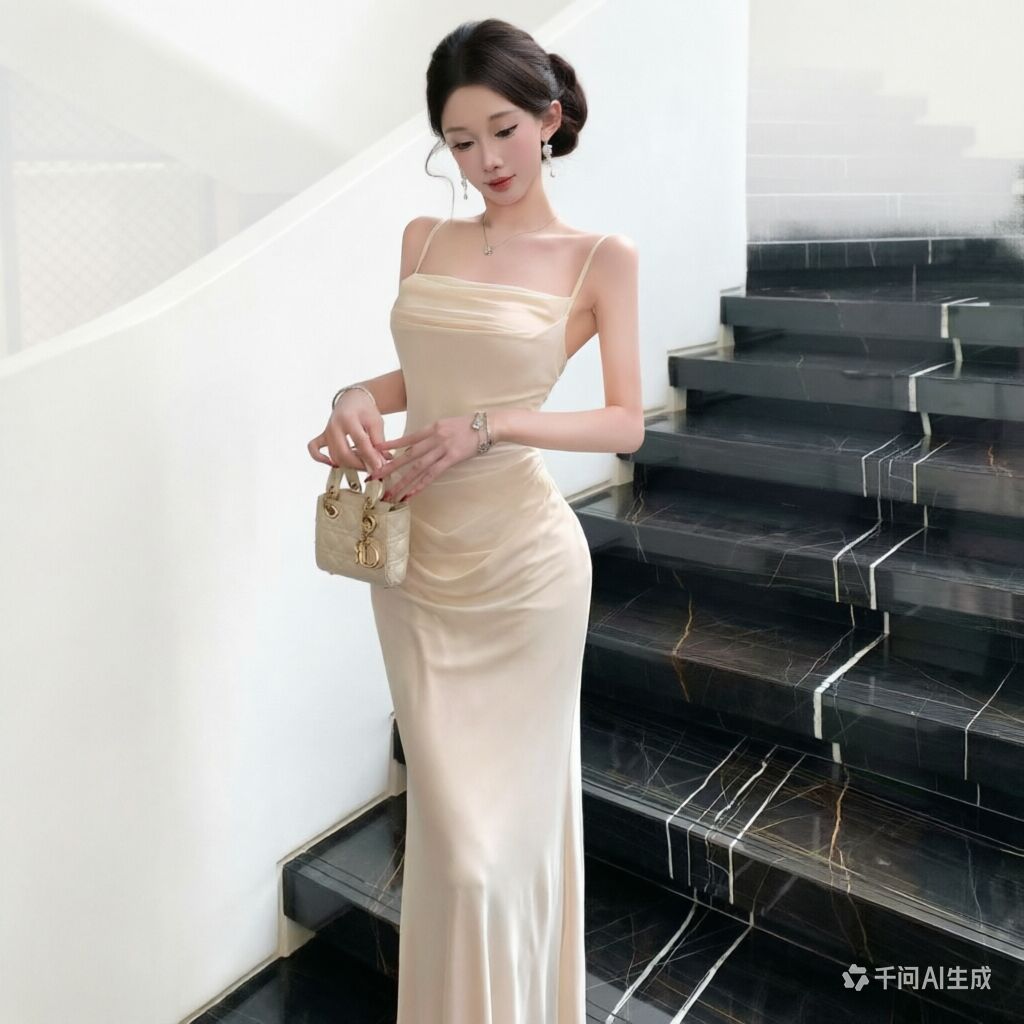 Women Formal Wear M&S - Şık Bej file detaylı elbise Zarif