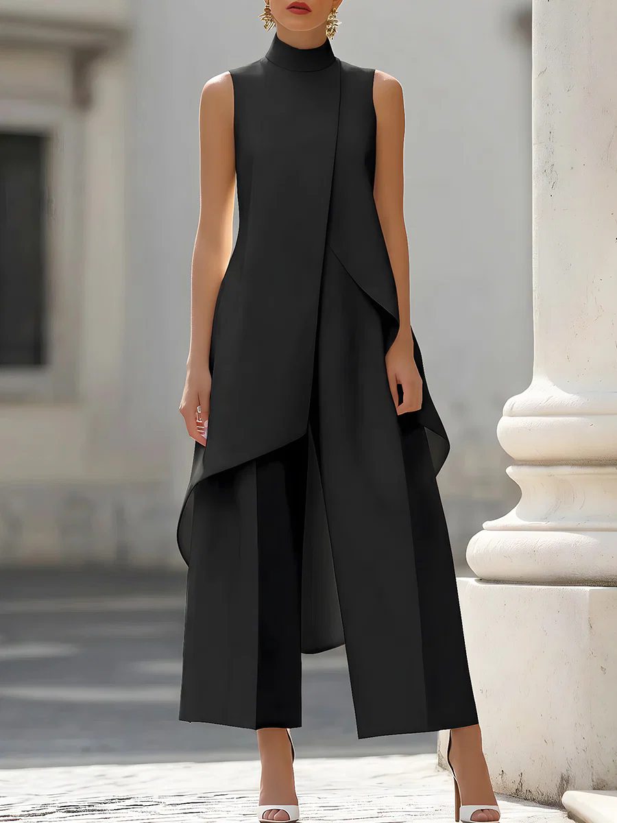 Women Formal Wear Office - Kadınlar için Kolsuz Yüksek Yaka Asimetrik