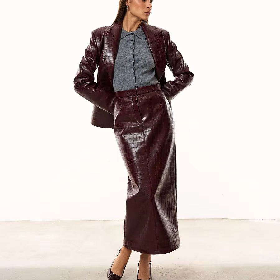 Pencil Skirt Midi - IG Kadın Bordo Timsah Görünümlü Suni