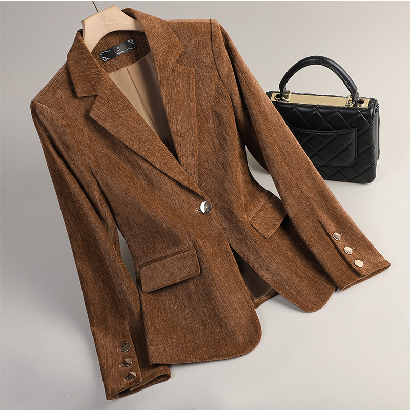 Women Formal Wear Business - Sarı Altın Kadife Blazer Kadın Sonbahar