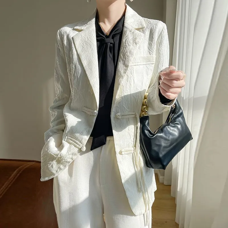 Women Formal Wear Office - Kadın Beyaz Dokulu Blazer Ceket Çentikli