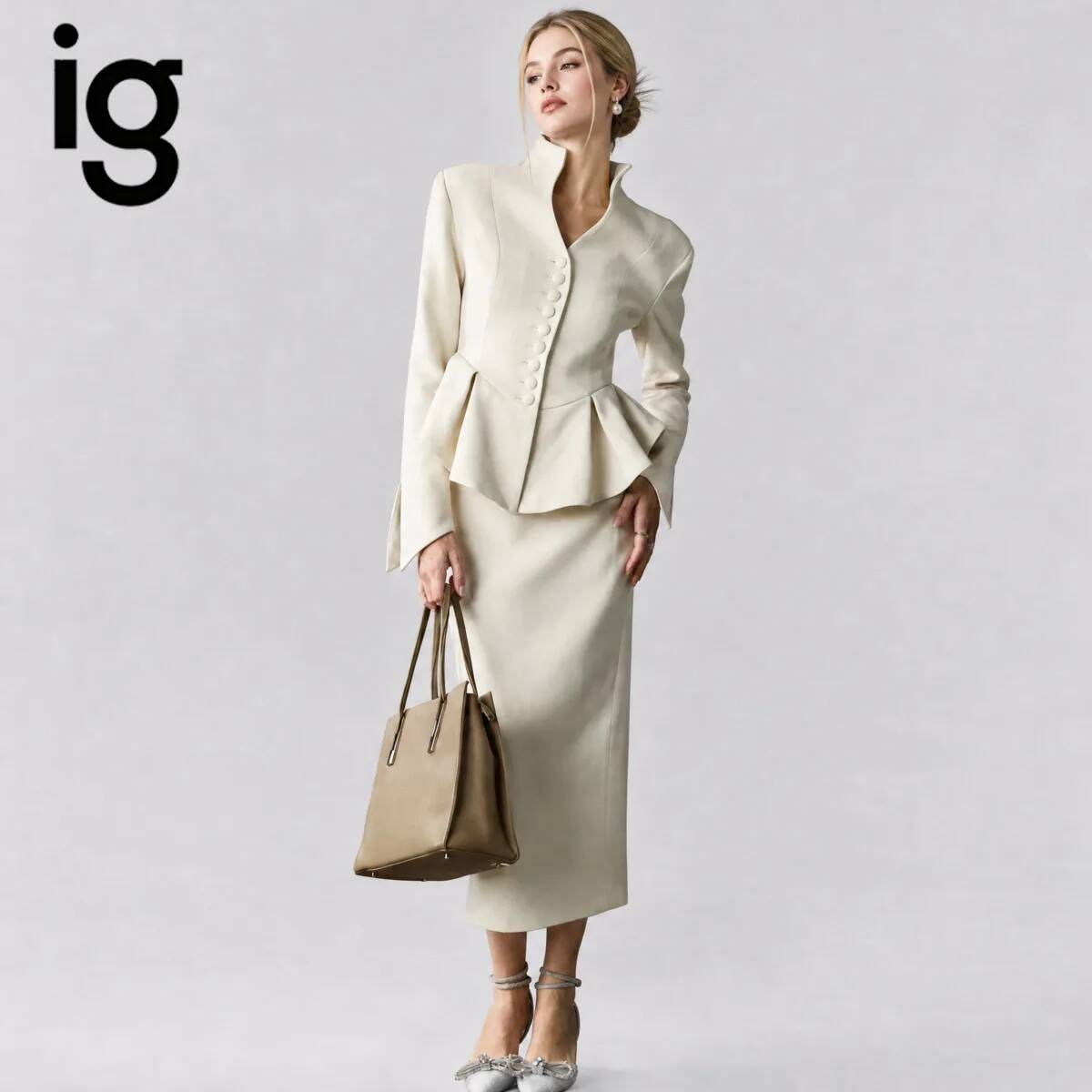 Pencil Skirt Midi - IG26 Kadın Dik Yaka Peplum Blazer