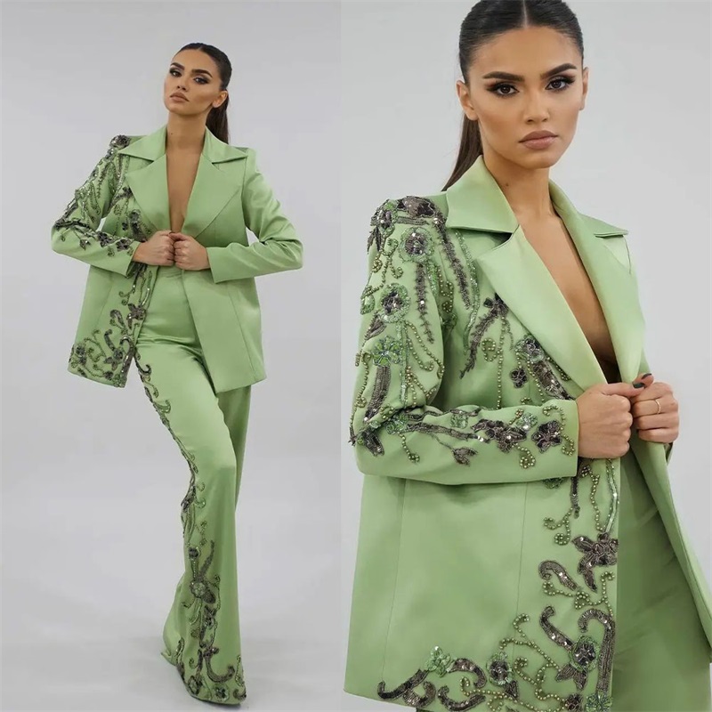 Women Formal Wear Designers - Tasarımcı Yeşil Saten Kadın Takım Elbise